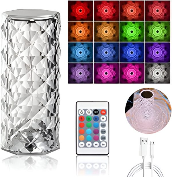 Rose Crystal Diamond Table Lamp||16-Color Diamond Rose Crystal Touch Lamp with Remote & USB Rechargeable