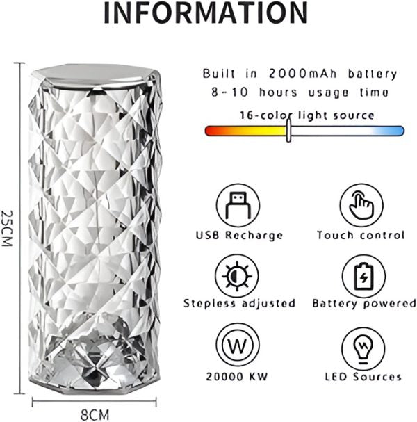 Rose Crystal Diamond Table Lamp||16-Color Diamond Rose Crystal Touch Lamp with Remote & USB Rechargeable
